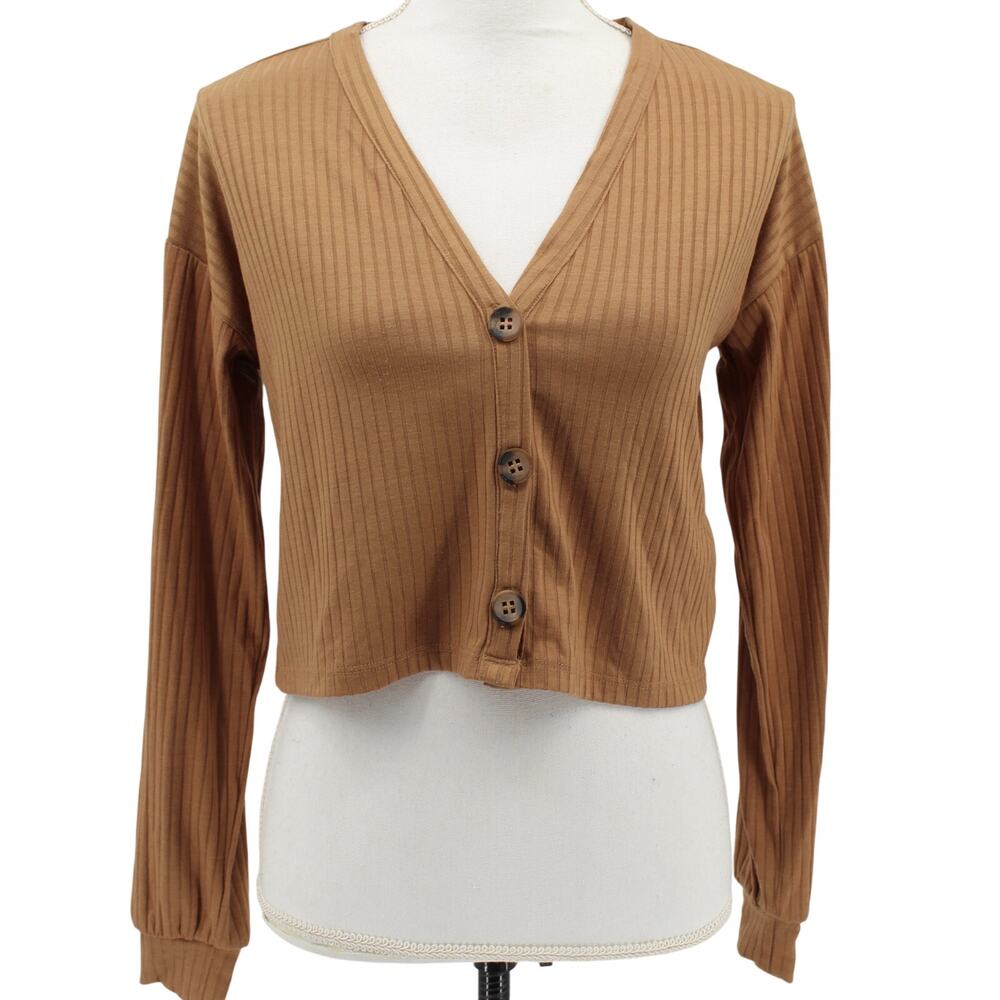 Vero Moda Lucy Ribbed Long Sleeve Crop Top Button Front Tan Brown Size XS